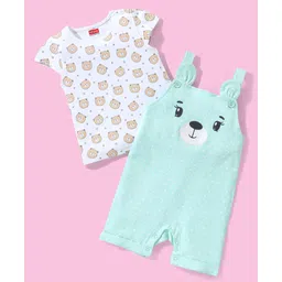 Babyhug Cotton Puff Print Dungaree with Bear Printed Half Sleeves Inner Tee - Mint-image-35