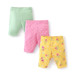 Babyhug Cotton Single Jersey Knit Capri Length Leggings Floral Print Pack of 3 - Green Pink & Yellow image 1