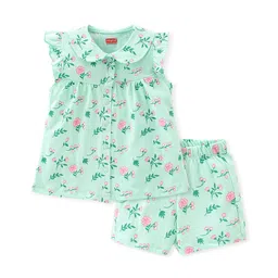 Babyhug Cotton Single Jersey Knit Frill Sleeves Night Suit Floral Print - Green-picture-15
