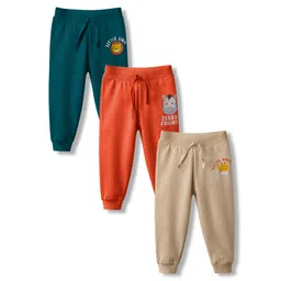 Babyhug Cotton Single Jersey Knit Full Length Lounge Pant With Animal Print Pack Of 3 - Teal Blue Orange & Beige-picture-17