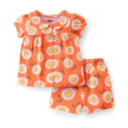 Babyhug Cotton Single Jersey Knit Half Sleeves Night Suit Floral Print - Orange-picture-33