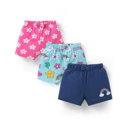 Babyhug Cotton Single Jersey Knit Mid Thigh Floral & Rainbow Printed Shorts with Bow Applique Pack of 3 - Pink Light & Navy Blue-picture-21
