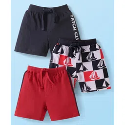Babyhug Cotton Single Jersey Knit Mid Thigh Length Shorts with Nautical Theme Print & Tape Detailing Pack of 3 - Black & Red-picture-39