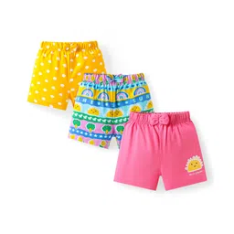 Babyhug Cotton Single Jersey Knit Mid Thigh Polka Dots & Tropical Theme Printed Shorts with Bow Applique Pack of 3 - Pink Yellow & Blue-picture-30