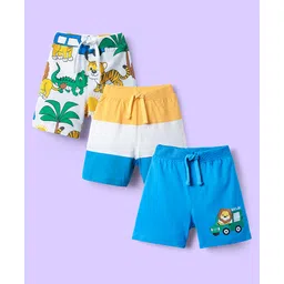 Babyhug Cotton Single Jersey Knit Mid Thigh Shorts With Stripes & Animal Print Pack Of 3 - Light Blue Yellow & White-picture-32