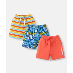 Babyhug Cotton Single Jersey Knit Mid Thigh Shorts with Text Print & Stripes Pack of 3 - Orange Yellow & Blue-picture-24