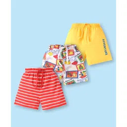 Babyhug Cotton Single Jersey Knit Mid Thigh Striped Shorts with Text & Adventure Theme Print Pack of 3 - Yellow White & Red-picture-38