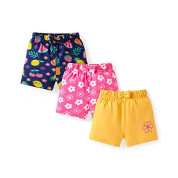 Babyhug Cotton Single Jersey Knit Mid Thigh Tropical Theme Printed Shorts with Bow Applique Pack of 3 - Pink Yellow & Navy Blue-picture-29