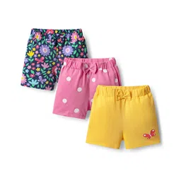 Babyhug Cotton Single Jersey Knit Shorts with Polka Dot Design Floral & Butterfly Print - Pack of 3 - Pink Yellow & Black-picture-21