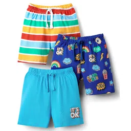 Babyhug Cotton Single Jersey Knit Shorts With Stripes & Rainbow Print Pack Of 3 - Light Blue Navy Blue & Yellow-picture-38