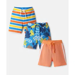 Babyhug Cotton Single Jersey Knit Shorts With Stripes & Tropical Theme Print Pack Of 3 - Blue Orange & Yellow-picture-18