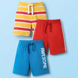 Babyhug Cotton Single Jersey Knit Shorts with Text Print Stripes & Tape Detailing Pack of 3 - Red Yellow & Blue-picture-36