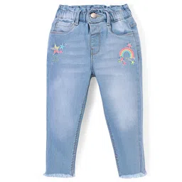Babyhug Cotton Spandex Full Length Stretchable Denim Jeans with Rainbow Embroidery - Blue-picture-36