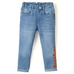 Babyhug Cotton Spandex Full Length Stretchable Jeans with Floral Embroidery - Blue-picture-26
