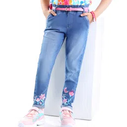 Babyhug Cotton Spandex Full Length Washed Stretchable Denim Jeans with Belt & Floral Embroidery - Blue-picture-10