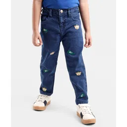 Babyhug Cotton Stretchable Full Length Washed Jeans Teddy Print   Fly With Zipper -  Blue-picture-22
