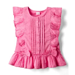 Babyhug Cotton Swiss Dot Woven Frill Sleeves Striped Top with Bow Applique - Dark Pink-picture-20