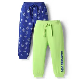 Babyhug Cotton Terry Knit Full Length Lounge Pants With Wholesome Dude Text Print Pack of 2 - Navy Blue & Light Green-image-18