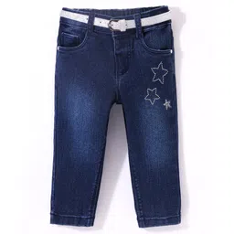 Babyhug Cotton Washed Denim Full Length Jeans With Belt Star Embroidery- Dark Blue-picture-28