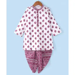 Babyhug Cotton Woven Cambric Full Sleeves Kurta Dhoti Set Paisley Print - White & Purple-picture-13