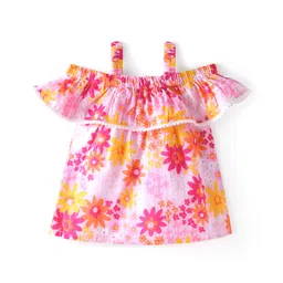 Babyhug Cotton  Woven  Cold Shoulder Sleeves  Top with Frills and Floral - Multicolour-picture-14