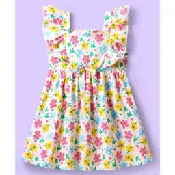 Babyhug Cotton Woven Frill Sleeves Frock with Floral Print & Bow Applique - White-picture-11