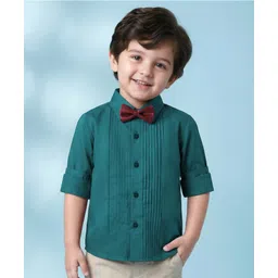 Babyhug Cotton Woven Full Sleeve Solid Color Pintuck Detailing Party Shirt with Bow - Teal Blue-picture-18