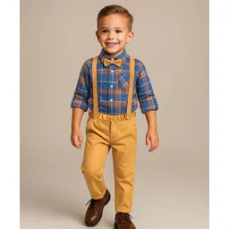 Babyhug Cotton Woven Full Sleeves Checkered Shirts and Trousers Set With Attached Bow & Suspender - Blue & Yellow-picture-14