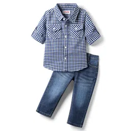 Babyhug Cotton Woven Full Sleeves Checks Shirt & Denim Jeans Set - Blue-picture-19