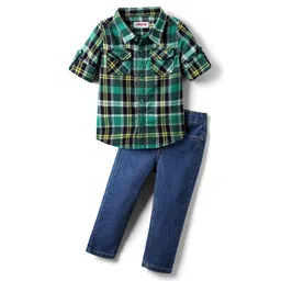 Babyhug Cotton Woven Full Sleeves Checks Shirt & Denim Jeans Set - Green & Blue-picture-27