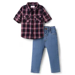 Babyhug Cotton Woven Full Sleeves Checks Shirt & Denim Jeans Set - Navy Blue-picture-24