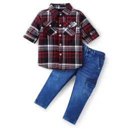 Babyhug Cotton Woven Full Sleeves Checks Shirt & Denim Jeans Set - Red & Blue-picture-12