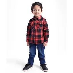 Babyhug Cotton Woven Full Sleeves Checks Shirt & Denim Jeans Set - Red & Blue-picture-20