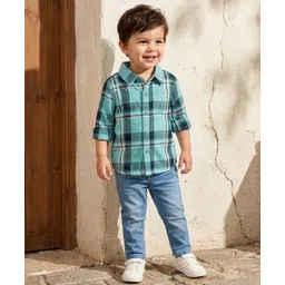 Babyhug Cotton Woven Full Sleeves Checks Shirt & Denim Jeans Set - Turquoise-picture-22
