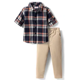 Babyhug Cotton Woven Full Sleeves Checks Shirt & Trouser Set - Navy Blue & Beige-picture-31