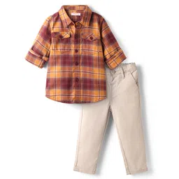 Babyhug Cotton Woven Full Sleeves Checks Shirt & Trouser Set - Rust & Grey-picture-37