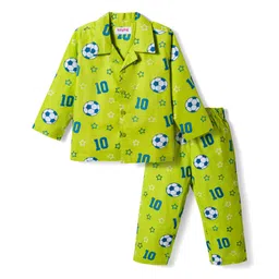 Babyhug Cotton Woven Full Sleeves Co-ords Night Suit With Football Print - Green-picture-35