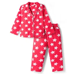 Babyhug Cotton Woven Full Sleeves Co-ords Night Suit With Star Print - Red-picture-32