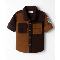 Babyhug Cotton Woven Full Sleeves Cut & Sew Design Shirt With Text Patch - Brown-picture-22