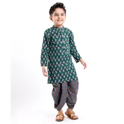 Babyhug Cotton Woven Full Sleeves Floral Printed Kurta with Dhoti Set - Green-picture-24