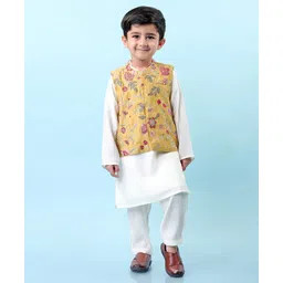 Babyhug Cotton Woven Full Sleeves Kurta & Pajama Set with Floral Embroidered Jacket - Off White-picture-13