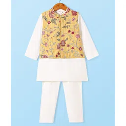 Babyhug Cotton Woven Full Sleeves Kurta & Pajama Set with Floral Embroidered Jacket - Off White image 3