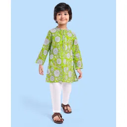 Babyhug Cotton Woven Full Sleeves Kurta & Pyjama Set With Floral Print - Green & White-picture-36