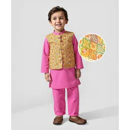 Babyhug Cotton Woven Full Sleeves Kurta & Pyjama Set With Printed Waistcoat- Fuschia-picture-20