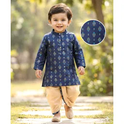 Babyhug Cotton Woven Full Sleeves Kurta Dhoti Set with Floral Motif Foil Print - Navy Blue & Beige-picture-15