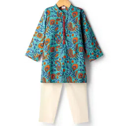 Babyhug Cotton Woven Full Sleeves Kurta Pajama Set With Floral Print - Turquoise-picture-33