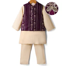 Babyhug Cotton Woven Full Sleeves Kurta Pajama Set with Jacket & Floral Embroidery - Beige-picture-19