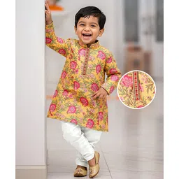 Babyhug Cotton Woven Full Sleeves Kurta Pyjama Set with Cambric Floral Print - Yellow-picture-38