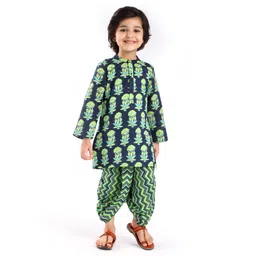 Babyhug Cotton Woven Full Sleeves Kurta Pyjama Set with Floral Print - Navy Blue &Green-picture-31