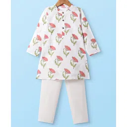 Babyhug Cotton Woven Full Sleeves Kurta Pyjama Set With Floral Print - White-picture-29